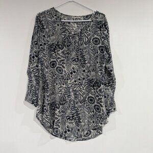 Club Monaco Sheer 3/4 Sleeve Blouse Grey Navy Blue Size Large